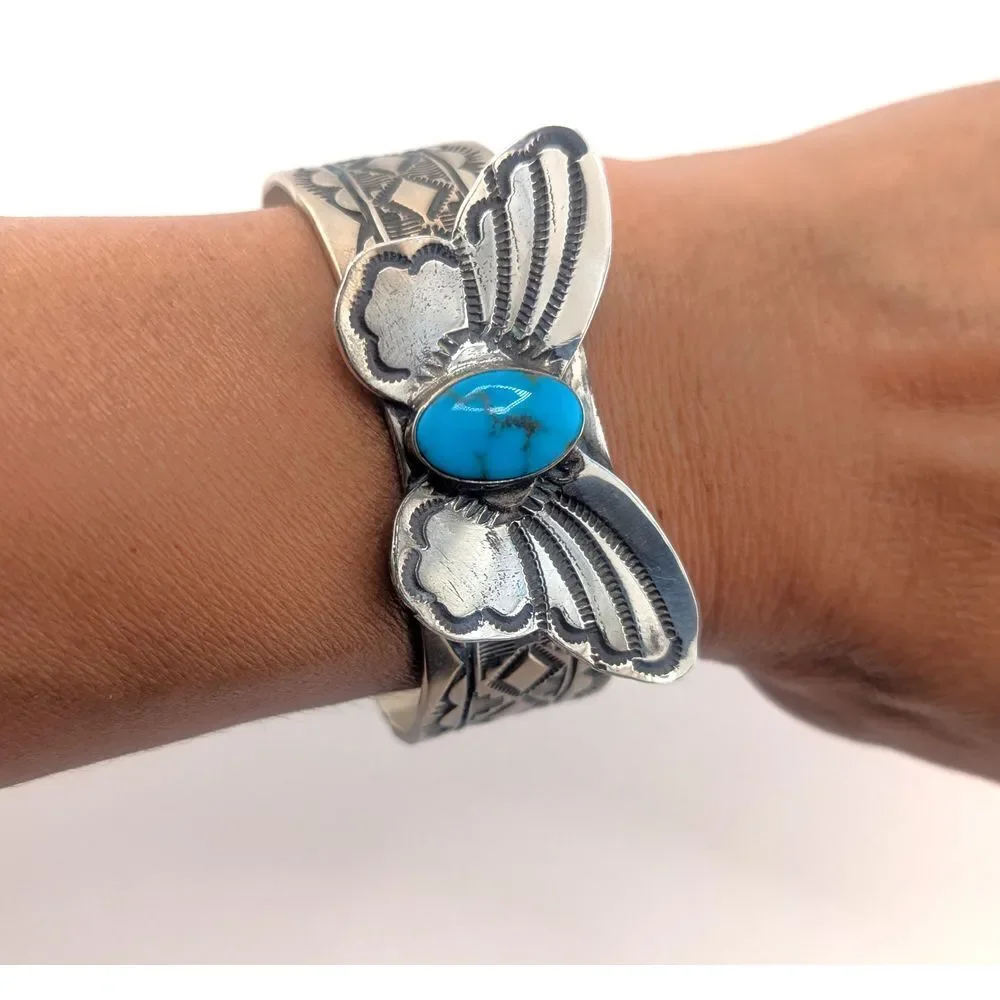 Navajo Cuff Bracelet Handmade‎ Butterfly Native American Turquoise Silver sz 7** - Picture 6 of 10